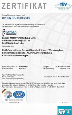 Zertifikat für Bathen DIN EN ISO 9001:2000